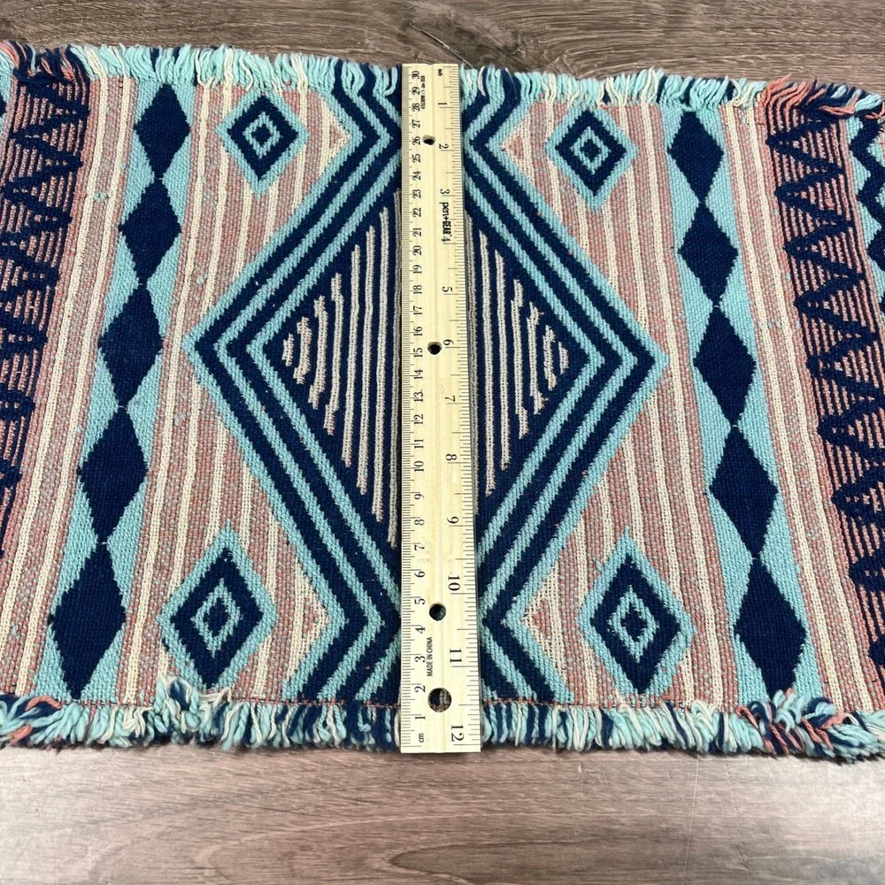 Southwestern Fringed Woven Placemats Set of 2 Blue Coral Geometric Reversable